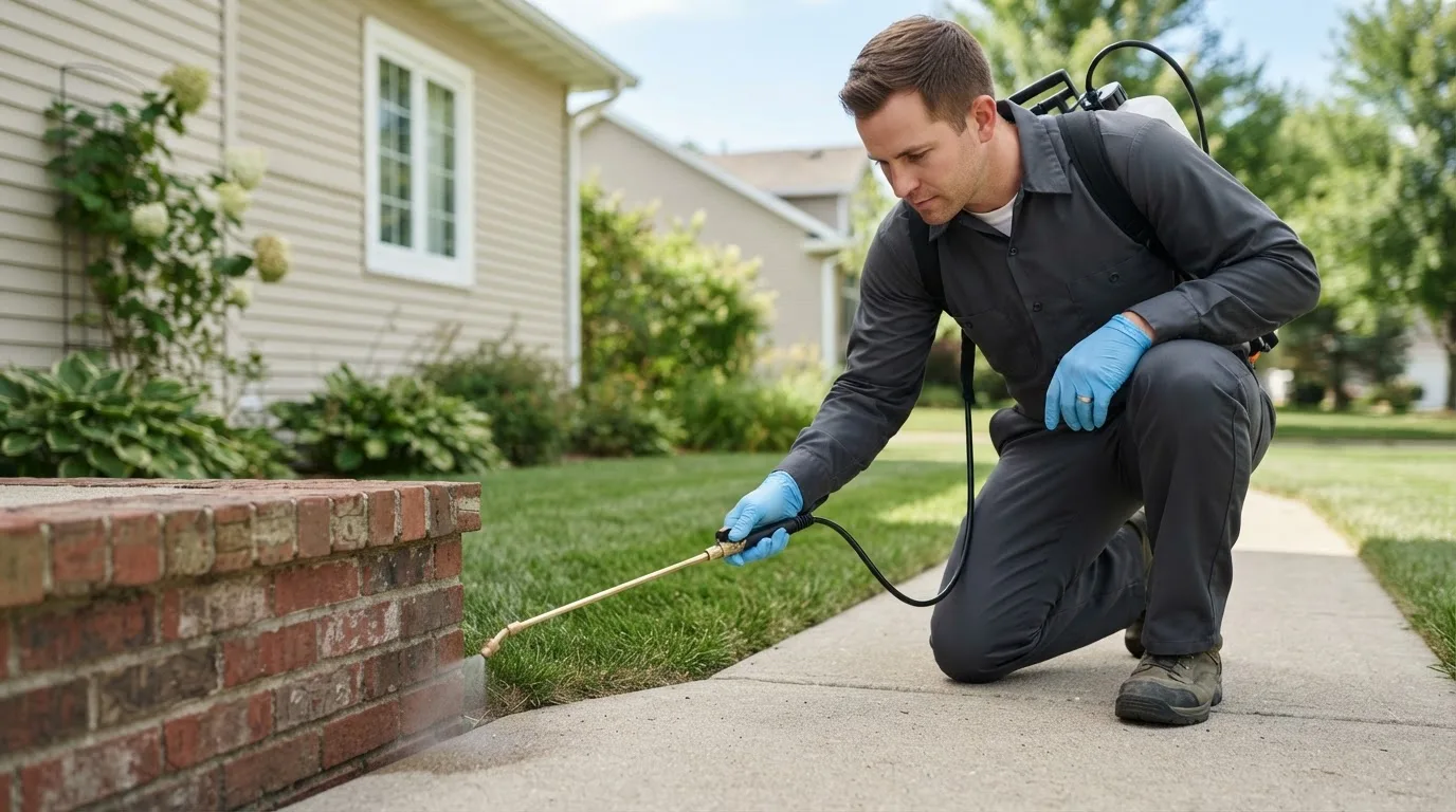Pest control technician treating a home near Anita, IA