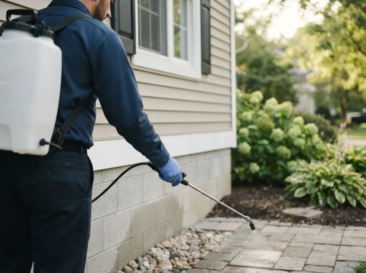 Pest control technician inspecting a home in Anita, IA